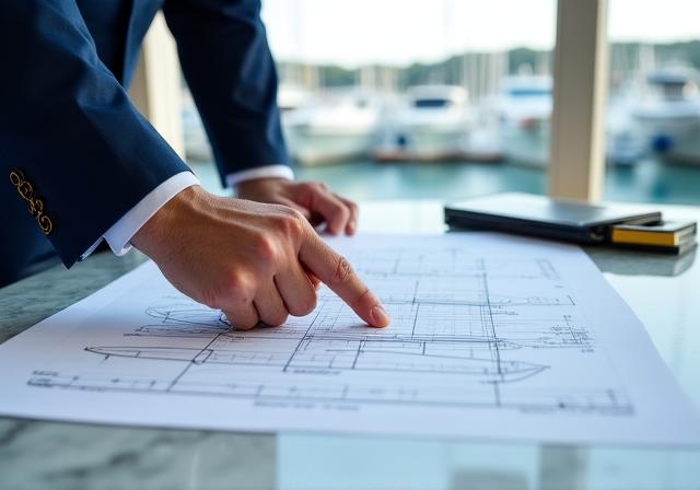 Consultant showing a yacht blueprint to a client