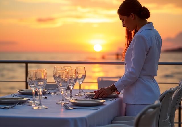 Professional yacht crew serving dinner on deck