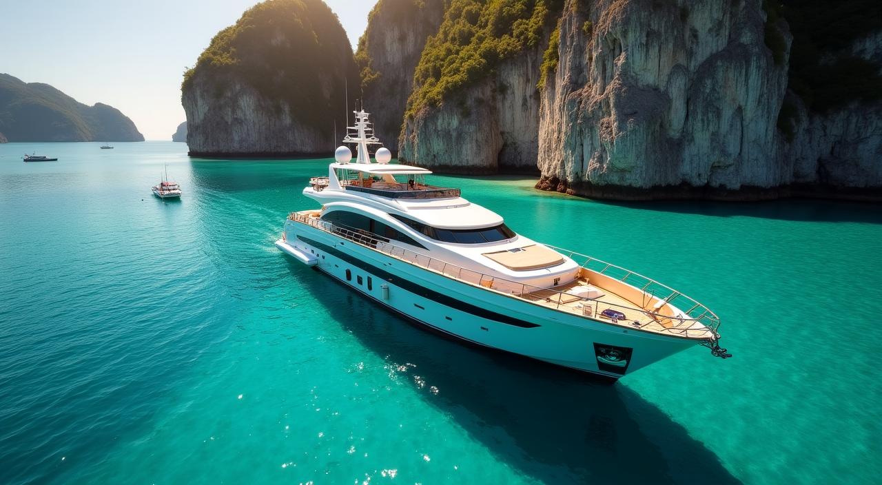 Luxury yacht sailing in Southeast Asia turquoise waters