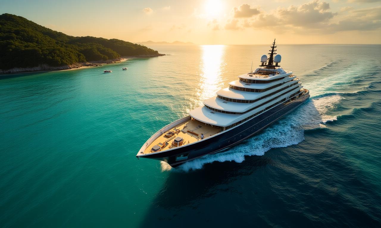 Luxury yacht sailing through crystal clear waters in Southeast Asia