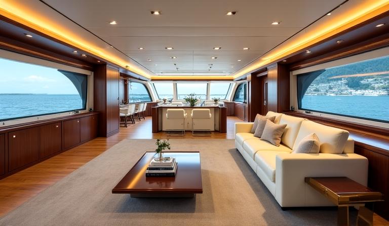 Luxury yacht interior showroom with advisors
